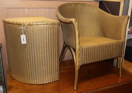 A Lloyd loom chair and corner wash basket